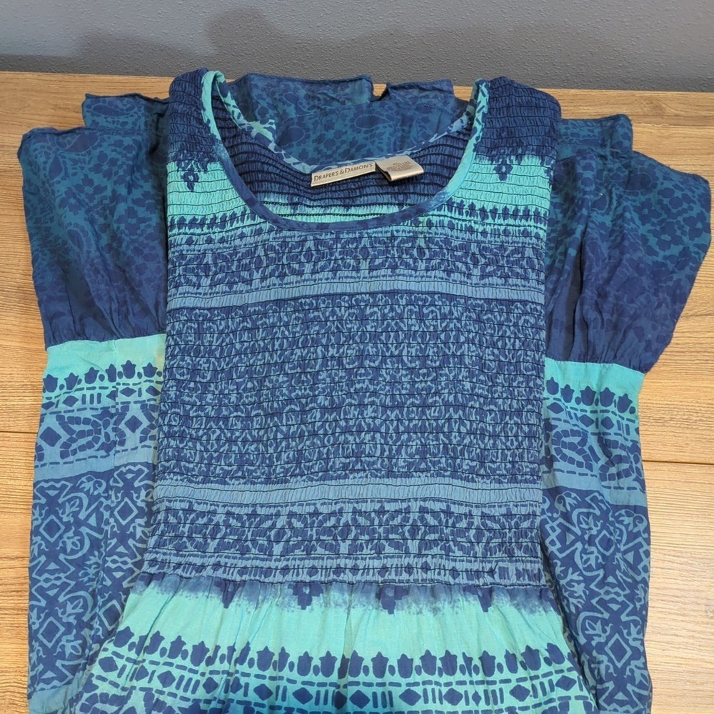 Drapers & Damons Blue Tiered Cotton Maxi Dress Smocked Bodice XL‎ Boho - Picture 4 of 7